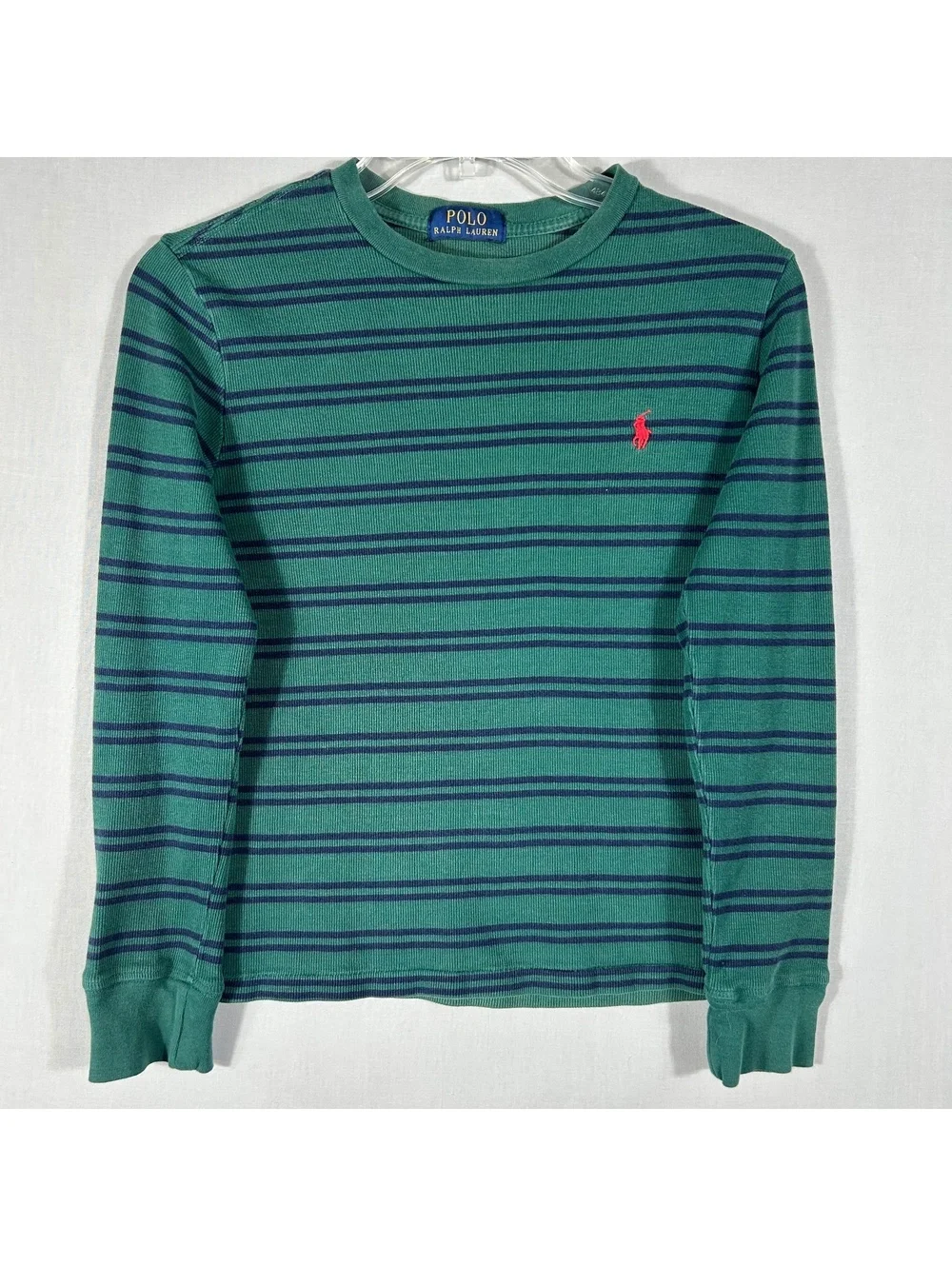 Polo Ralph Lauren Shirt Boys Large 14-16 Navy/Green Striped Crewneck Pony Logo
